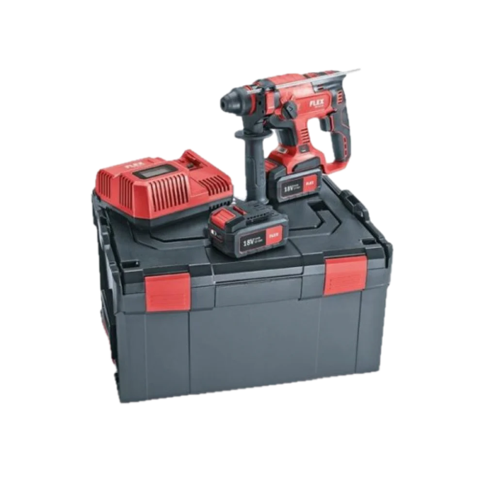 Set FLEX CHE 18.0-EC/5.0 con martello tassellatore, batterie, caricatore e valigetta su sfondo trasparente
