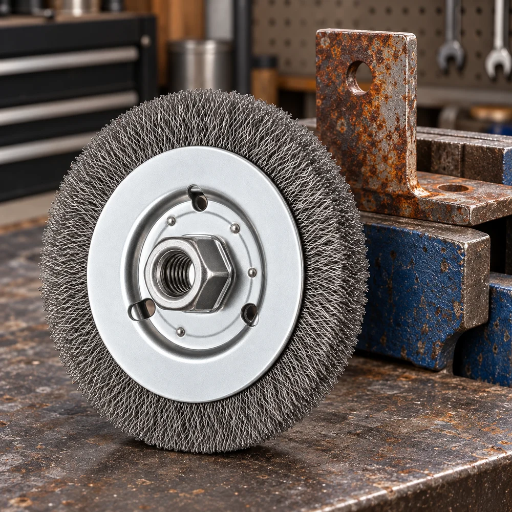 Spazzola Pferd Ø125 mm accanto a staffa arrugginita – scena AI di preparazione