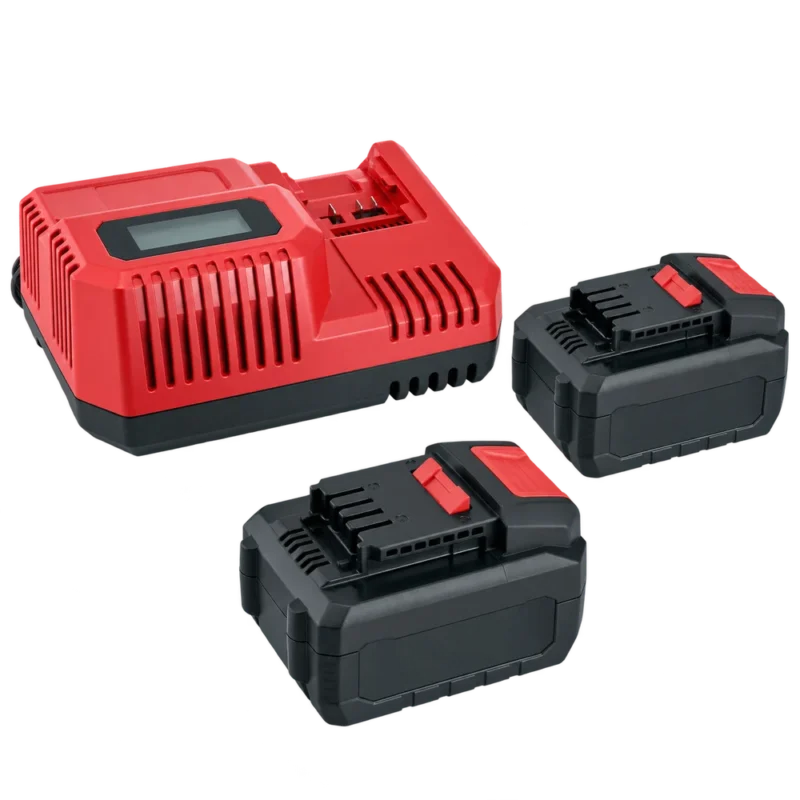 Ricostruzione AI del set FLEX P-Set 55 R con caricatore rapido e due batterie 18 V da 5,0 Ah