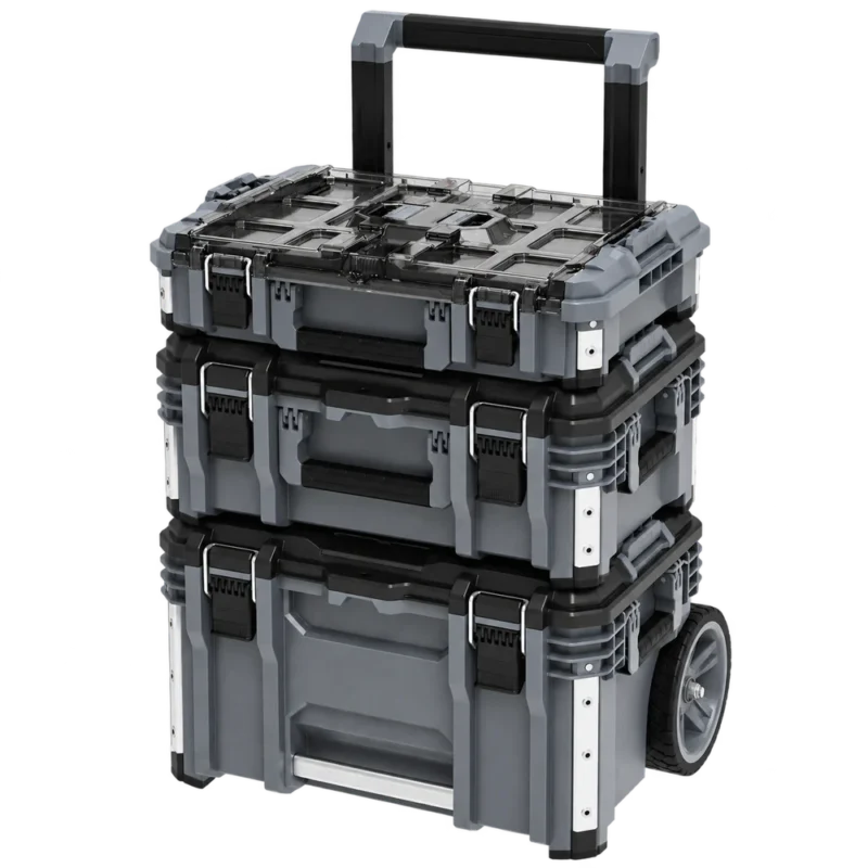 Ricostruzione AI del set FLEX STACK PACK TK-L SP SET-1 con rollbox, box medio e organizer