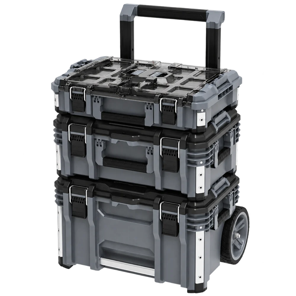 Ricostruzione AI del set FLEX STACK PACK TK-L SP SET-1 con rollbox, box medio e organizer