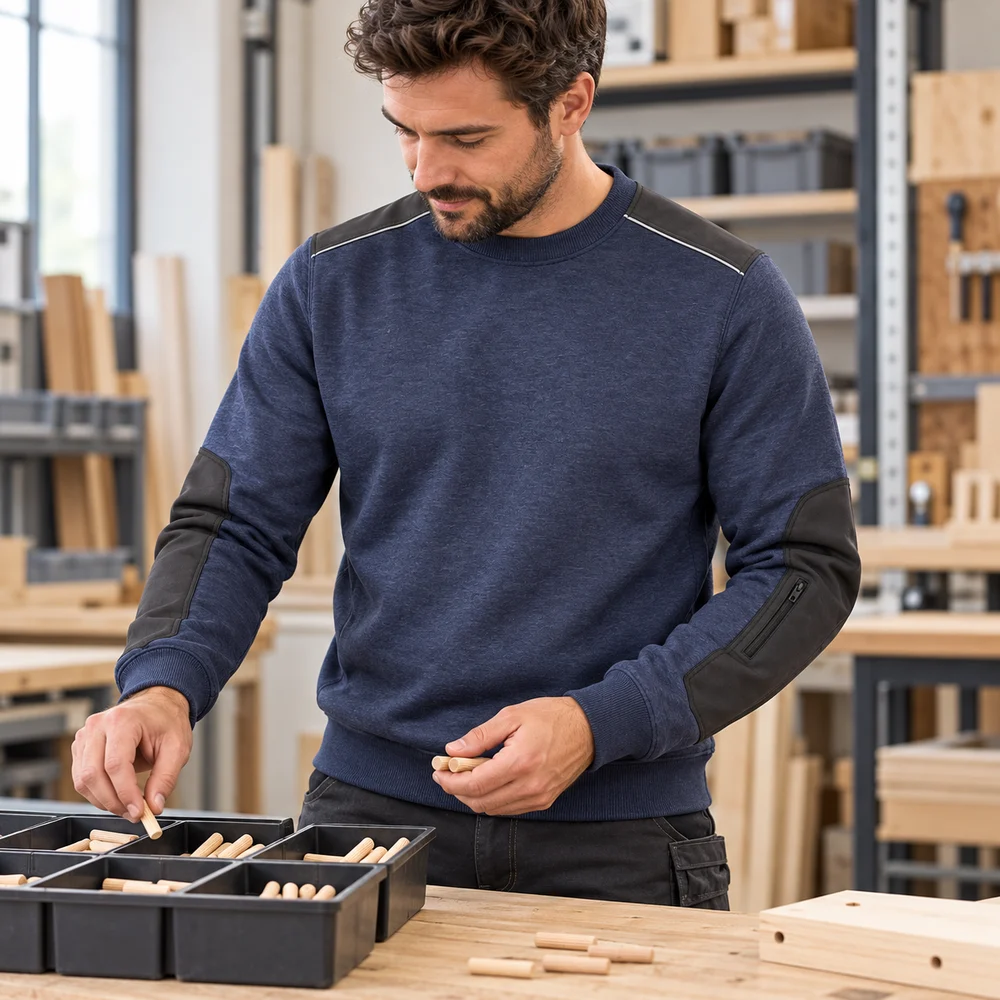 Felpa Compact Deep Blue XL al banco di preparazione manuale – scena AI