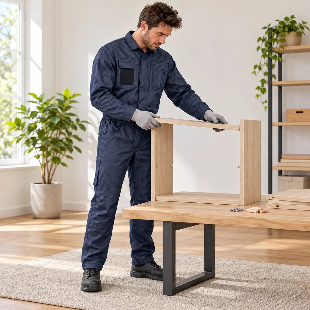Composizione AI: tuta U-Power CRISP Deep Blue per preparare un montaggio in ambiente interno