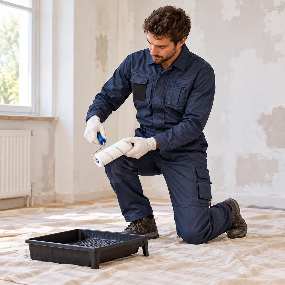 Composizione AI: tuta U-Power CRISP Deep Blue nella preparazione del lavoro di imbianchino
